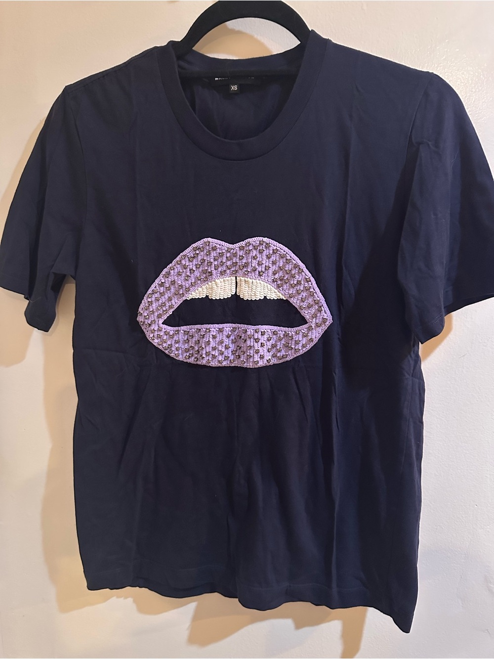 Navy T-Shirt with Lavender Sequin Lips